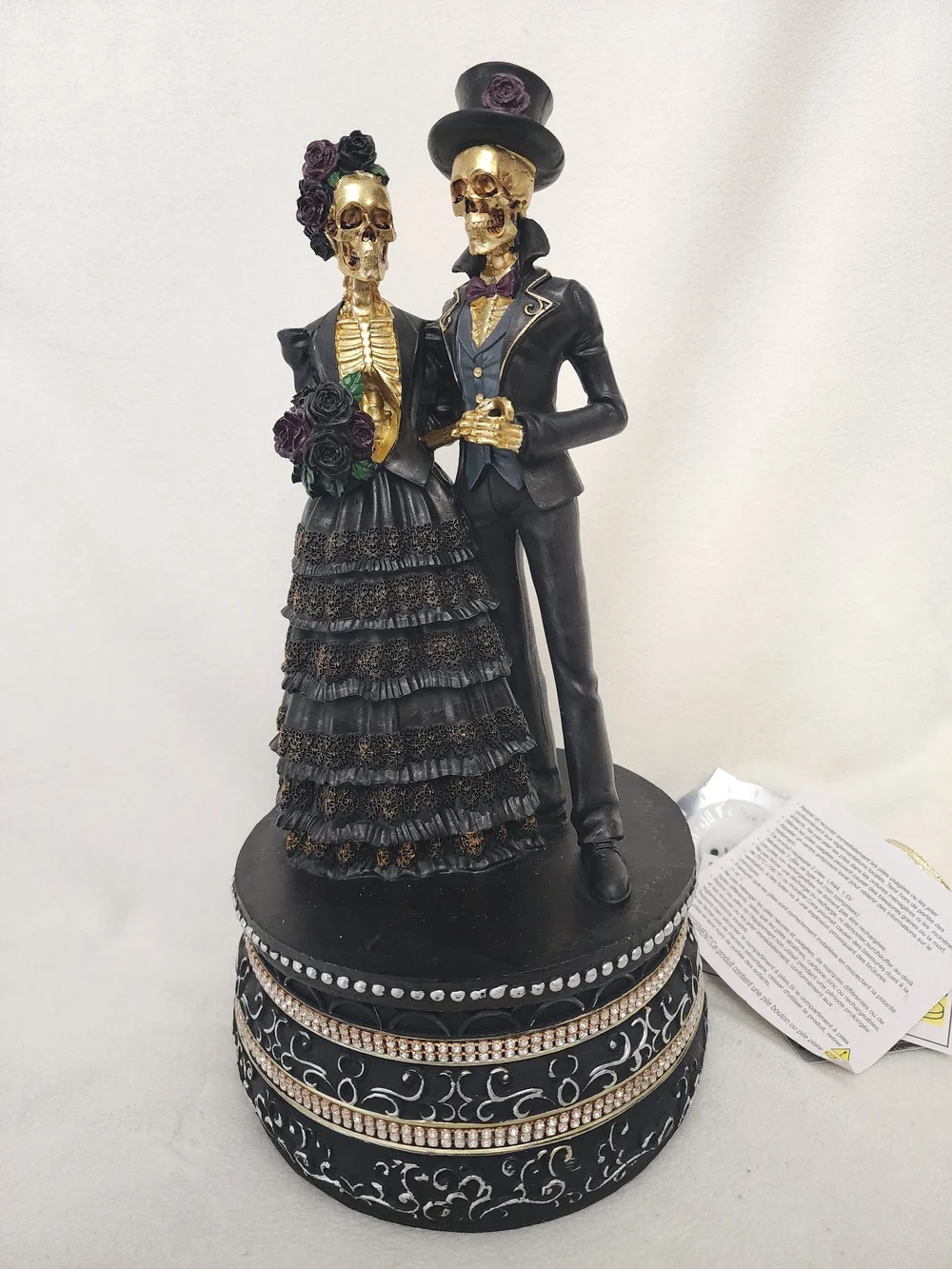 Elegant Black & Gold Skeleton Bride and Groom Figurine - Rotating and Sound